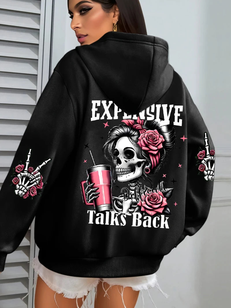 Expensive Talks Back Funny Printing Women's Plus Size   Pullovers Fleece Autumn  Casual Pocket Hoodie