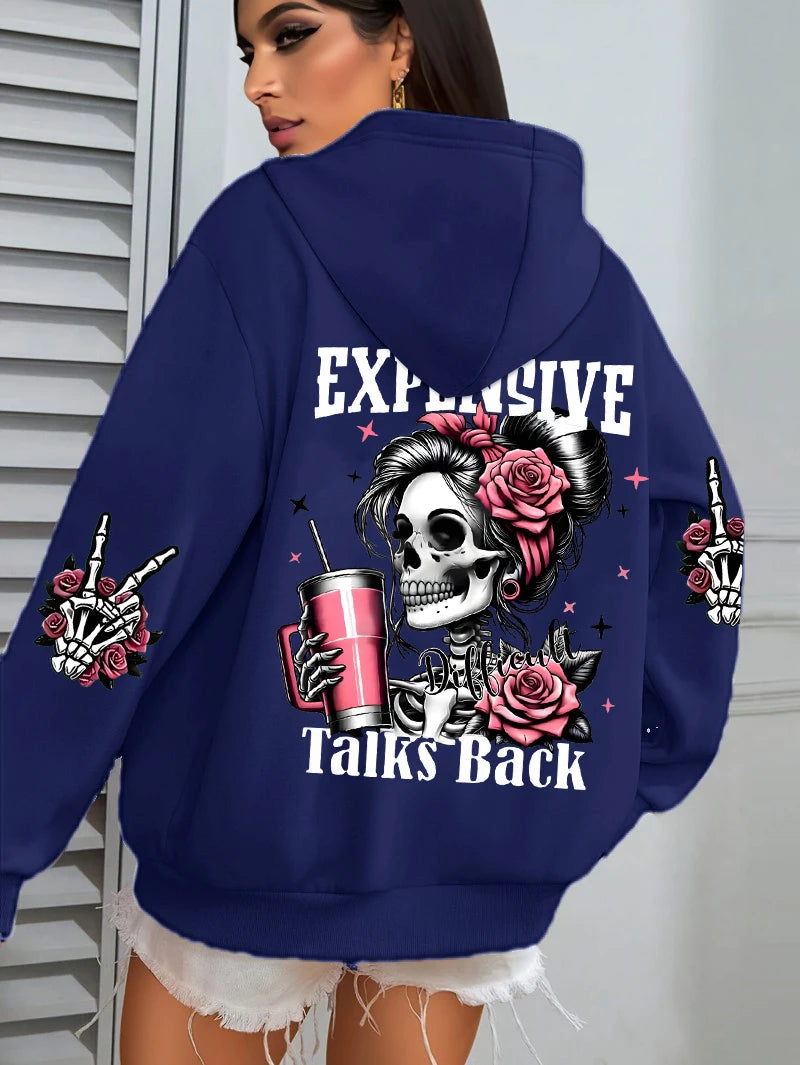 Expensive Talks Back Funny Printing Women's Plus Size   Pullovers Fleece Autumn  Casual Pocket Hoodie