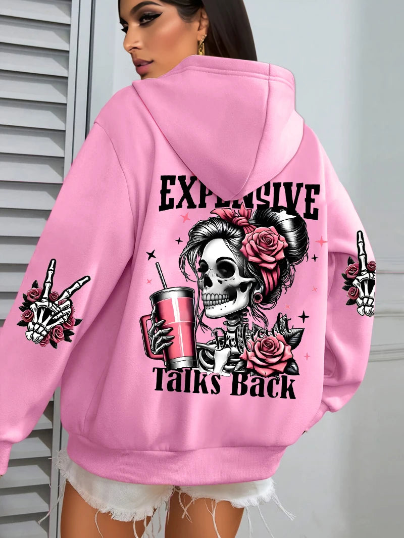 Expensive Talks Back Funny Printing Women's Plus Size   Pullovers Fleece Autumn  Casual Pocket Hoodie