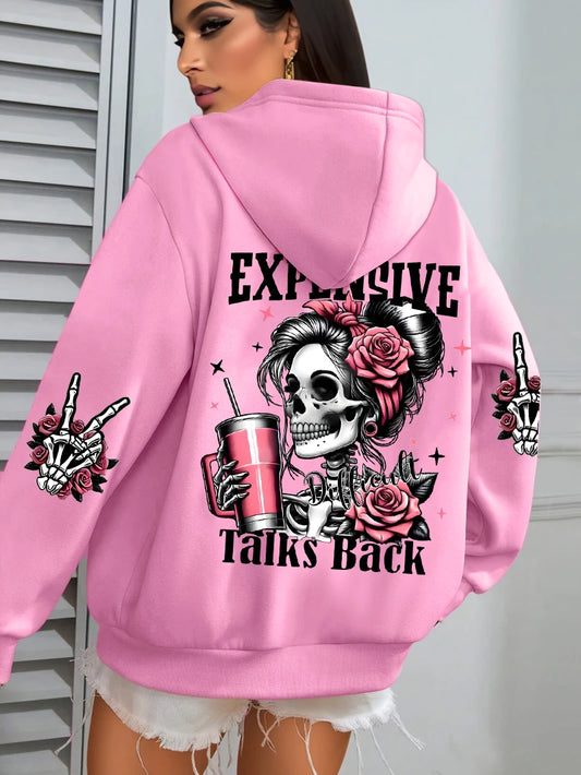 Expensive Talks Back Funny Printing Women's Plus Size   Pullovers Fleece Autumn  Casual Pocket Hoodie