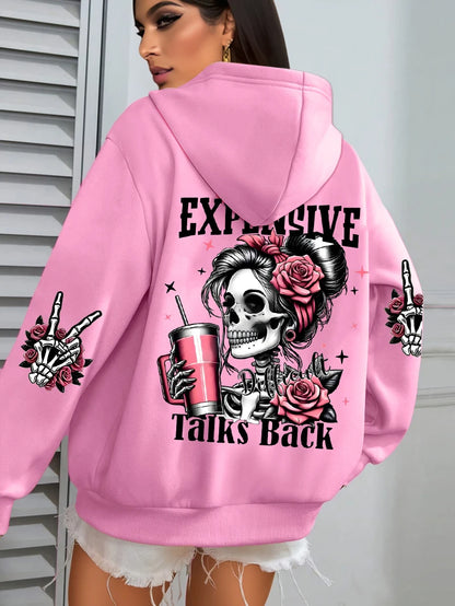 Expensive Talks Back Funny Printing Women's Plus Size   Pullovers Fleece Autumn  Casual Pocket Hoodie