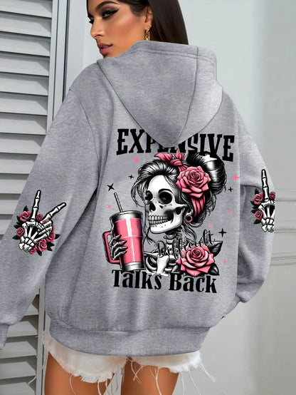 Expensive Talks Back Funny Printing Women's Plus Size   Pullovers Fleece Autumn  Casual Pocket Hoodie