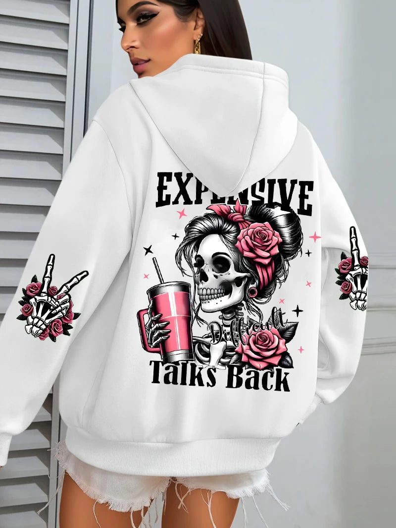 Expensive Talks Back Funny Printing Women's Plus Size   Pullovers Fleece Autumn  Casual Pocket Hoodie