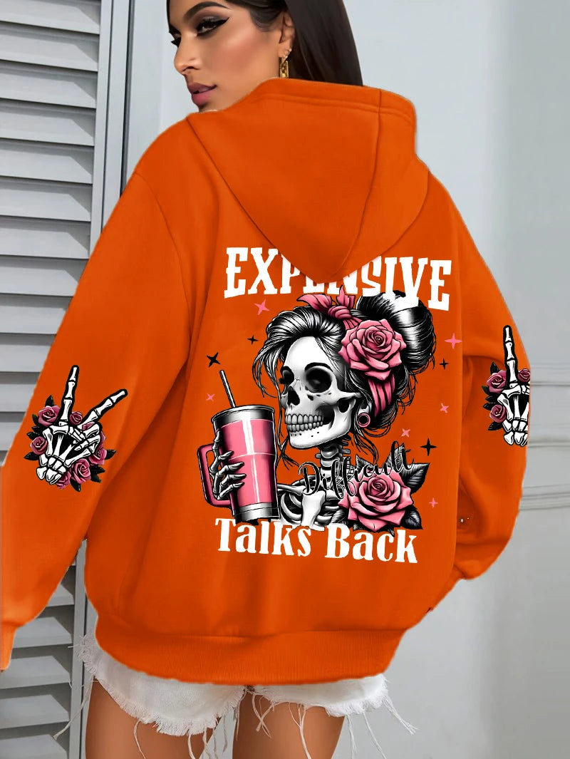 Expensive Talks Back Funny Printing Women's Plus Size   Pullovers Fleece Autumn  Casual Pocket Hoodie