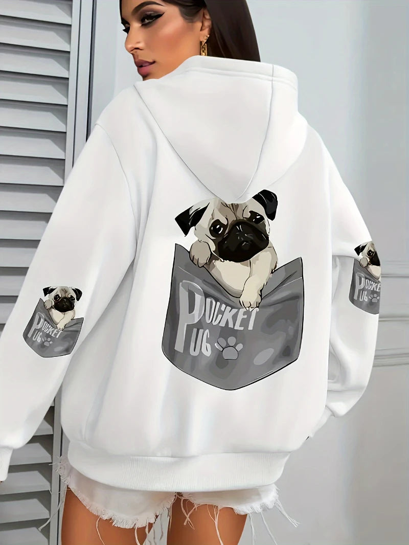 Women Cartoons dog Prints Hooded Loose Pockets Sweatshirt