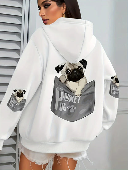 Women Cartoons dog Prints Hooded Loose Pockets Sweatshirt