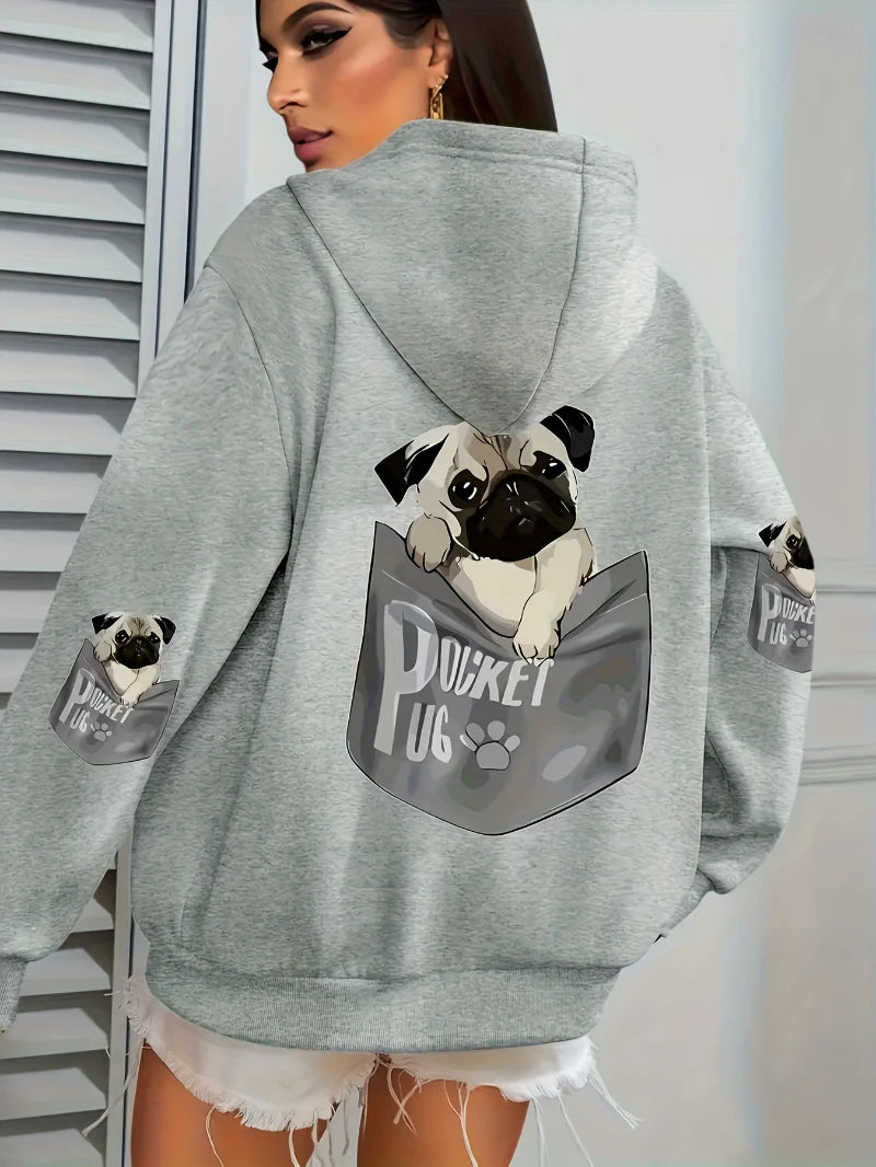 Women Cartoons dog Prints Hooded Loose Pockets Sweatshirt