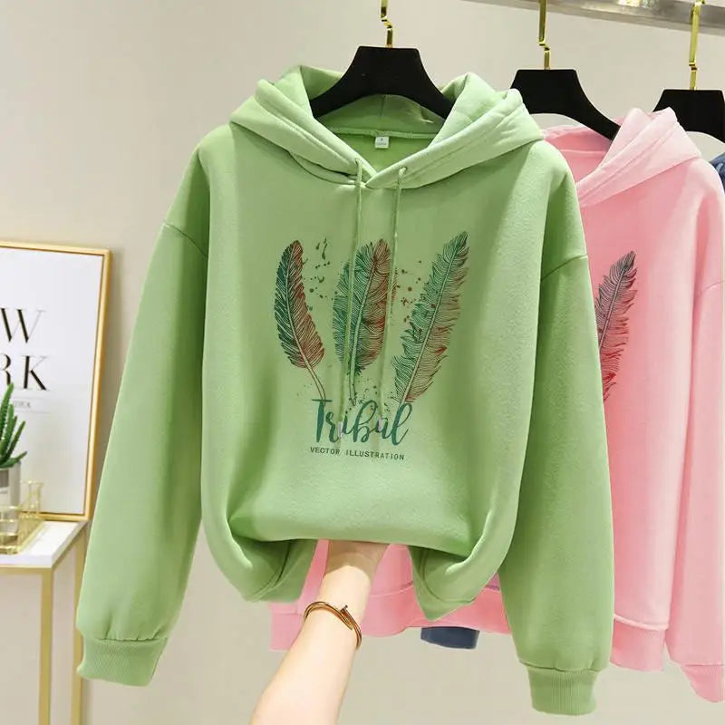 Women Fashion Feather Printed  Autumn Winter Plus Velvet Casual Loose hooded Sweatshirt