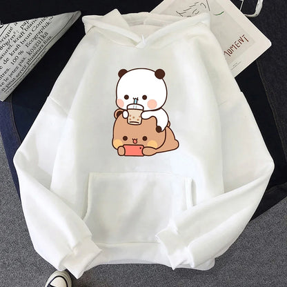 Bubu And Dudu Drink Bubble Tea Print Kawaii Female  Harajuku Loose Long Sleeve Plus Size Hooded Sweatshirt