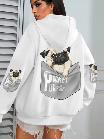 Women Cartoons dog Prints Hooded Loose Pockets Sweatshirt