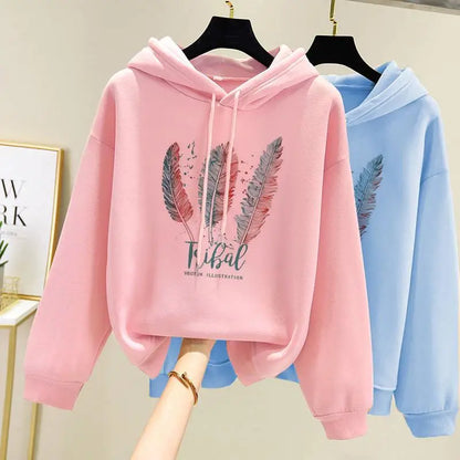 Women Fashion Feather Printed  Autumn Winter Plus Velvet Casual Loose hooded Sweatshirt