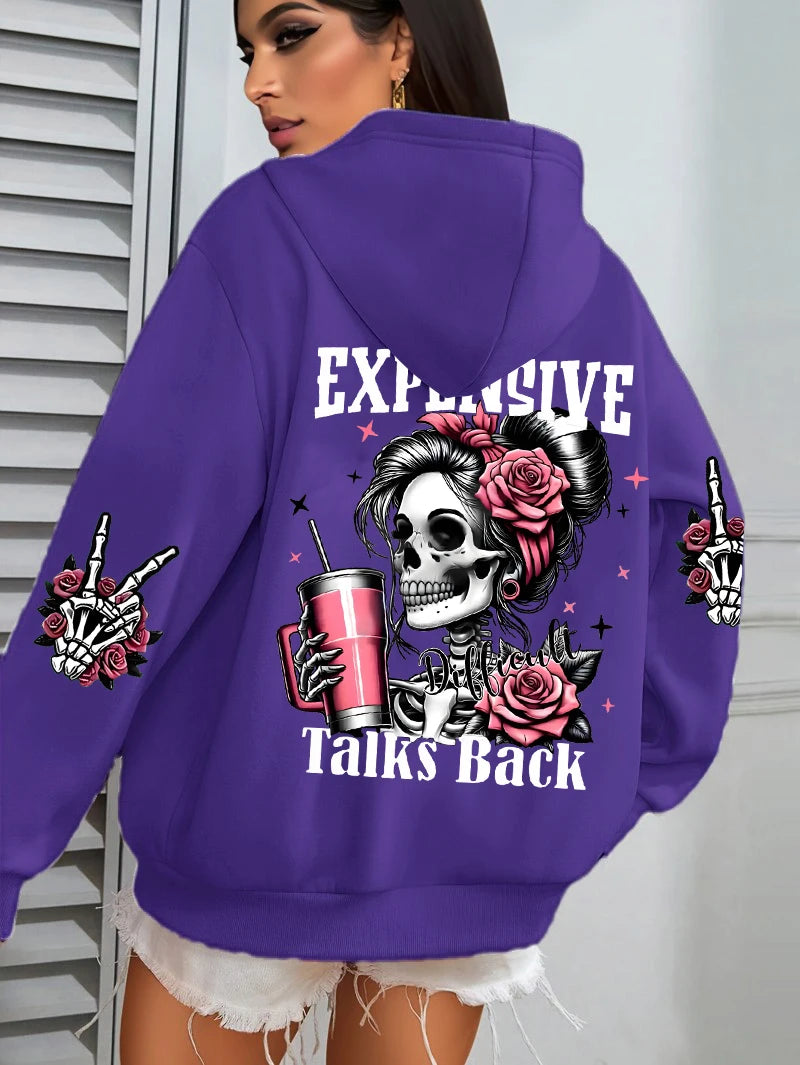 Expensive Talks Back Funny Printing Women's Plus Size   Pullovers Fleece Autumn  Casual Pocket Hoodie