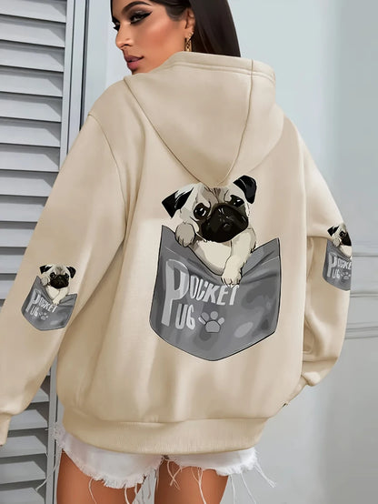 Women Cartoons dog Prints Hooded Loose Pockets Sweatshirt
