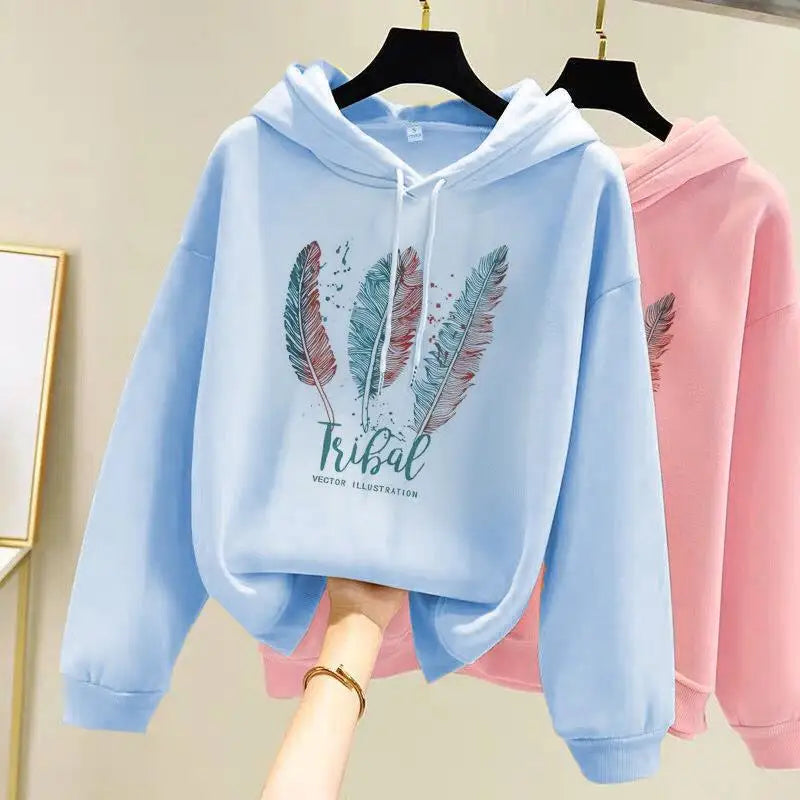 Women Fashion Feather Printed  Autumn Winter Plus Velvet Casual Loose hooded Sweatshirt