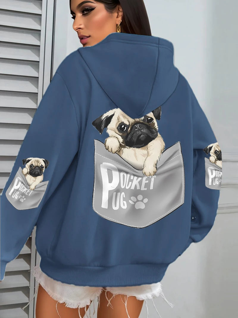Women Cartoons dog Prints Hooded Loose Pockets Sweatshirt