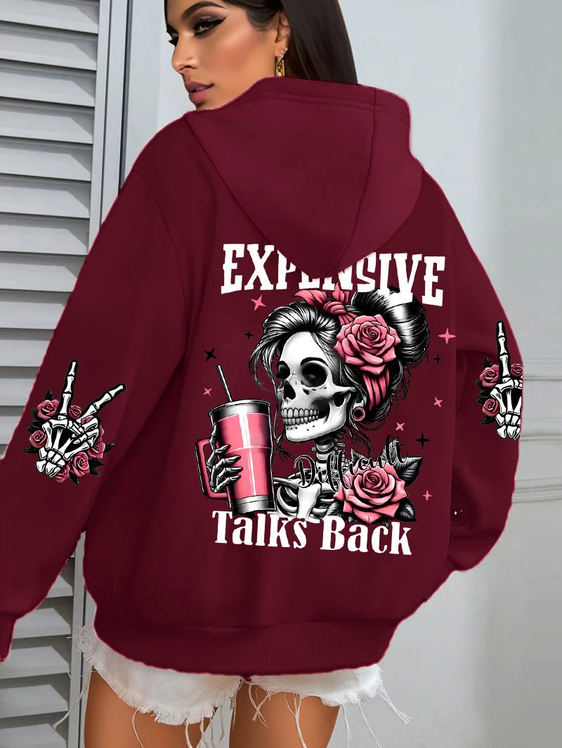 Expensive Talks Back Funny Printing Women's Plus Size   Pullovers Fleece Autumn  Casual Pocket Hoodie
