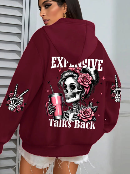 Expensive Talks Back Funny Printing Women's Plus Size   Pullovers Fleece Autumn  Casual Pocket Hoodie