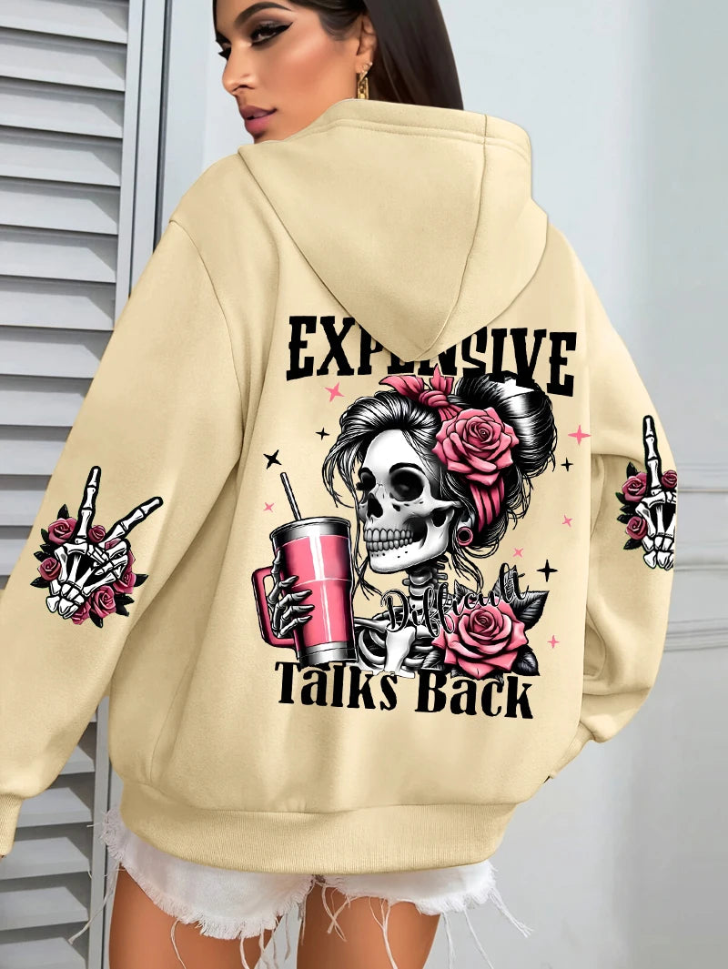 Expensive Talks Back Funny Printing Women's Plus Size   Pullovers Fleece Autumn  Casual Pocket Hoodie