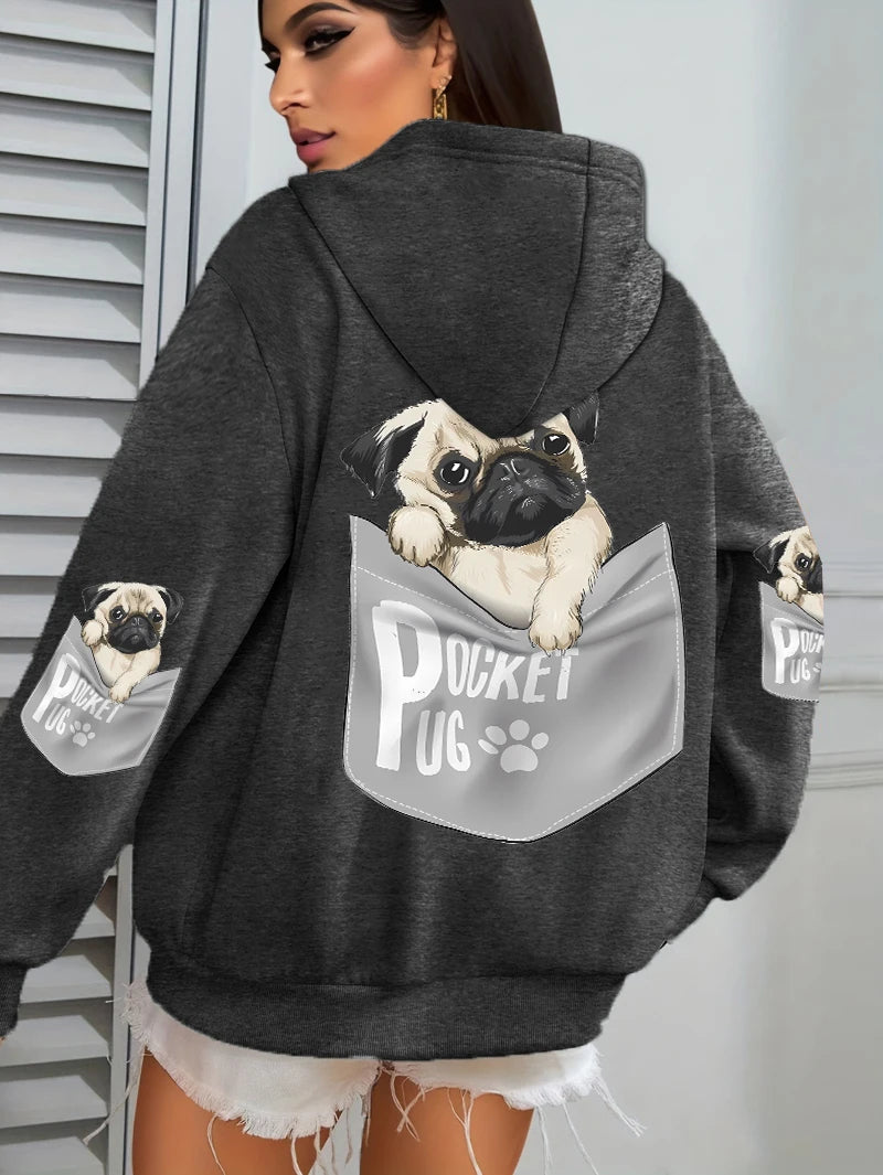 Women Cartoons dog Prints Hooded Loose Pockets Sweatshirt