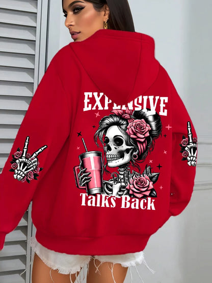 Expensive Talks Back Funny Printing Women's Plus Size   Pullovers Fleece Autumn  Casual Pocket Hoodie