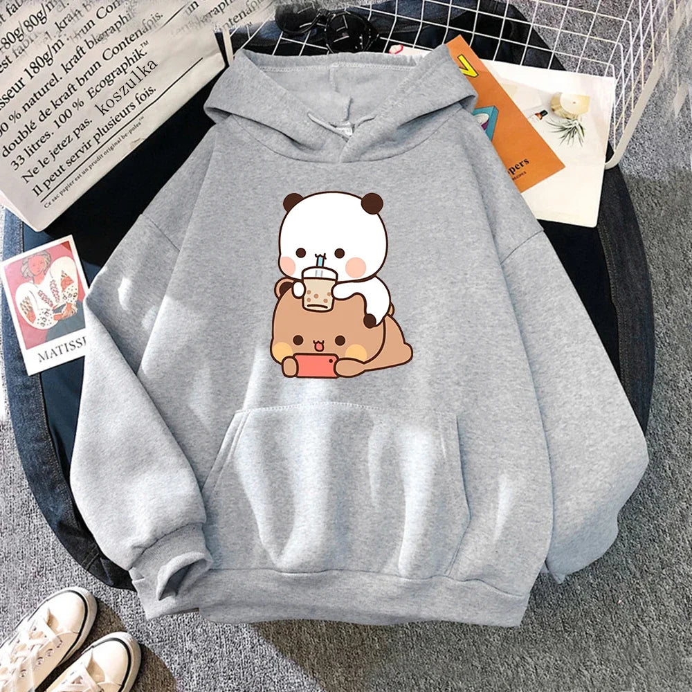 Bubu And Dudu Drink Bubble Tea Print Kawaii Female  Harajuku Loose Long Sleeve Plus Size Hooded Sweatshirt