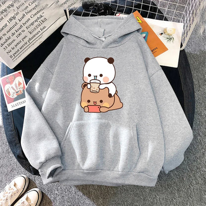 Bubu And Dudu Drink Bubble Tea Print Kawaii Female  Harajuku Loose Long Sleeve Plus Size Hooded Sweatshirt