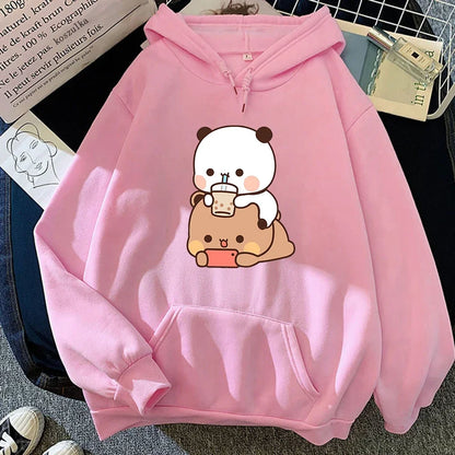 Bubu And Dudu Drink Bubble Tea Print Kawaii Female  Harajuku Loose Long Sleeve Plus Size Hooded Sweatshirt