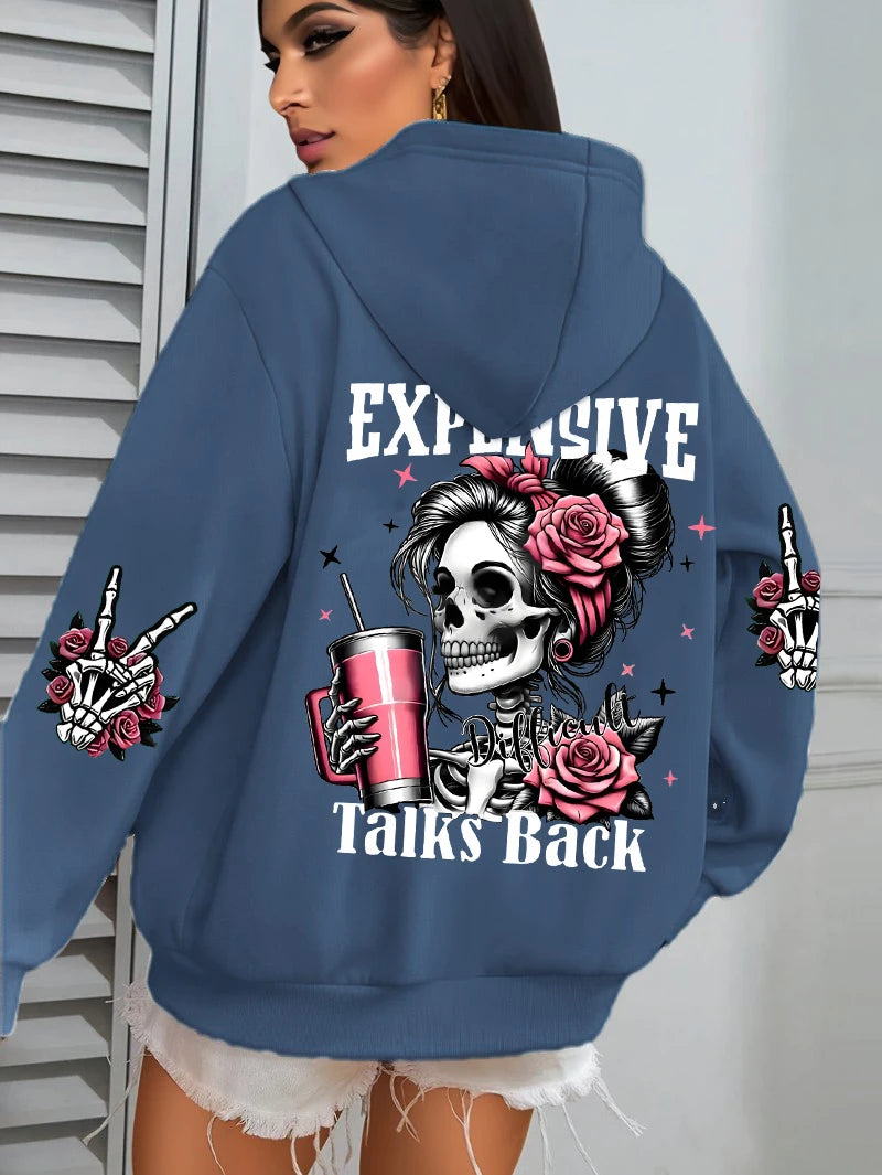 Expensive Talks Back Funny Printing Women's Plus Size   Pullovers Fleece Autumn  Casual Pocket Hoodie
