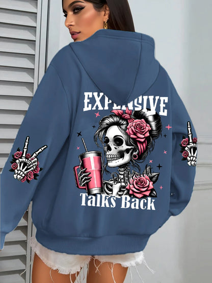 Expensive Talks Back Funny Printing Women's Plus Size   Pullovers Fleece Autumn  Casual Pocket Hoodie