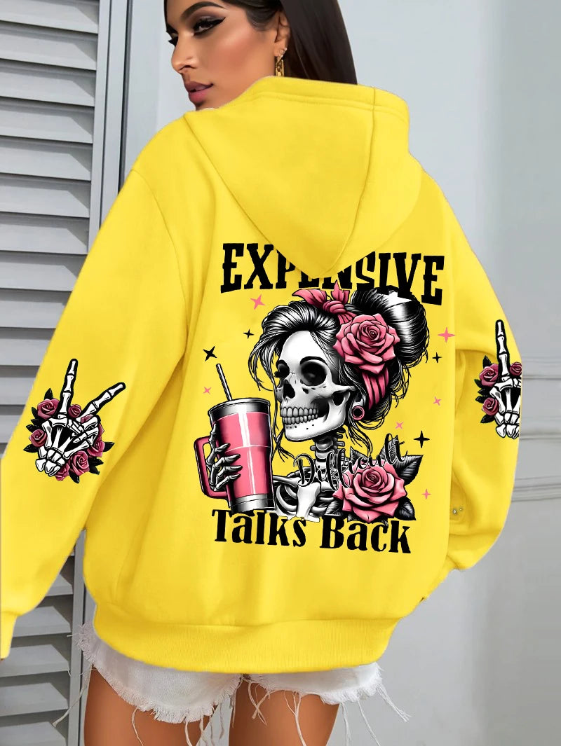Expensive Talks Back Funny Printing Women's Plus Size   Pullovers Fleece Autumn  Casual Pocket Hoodie