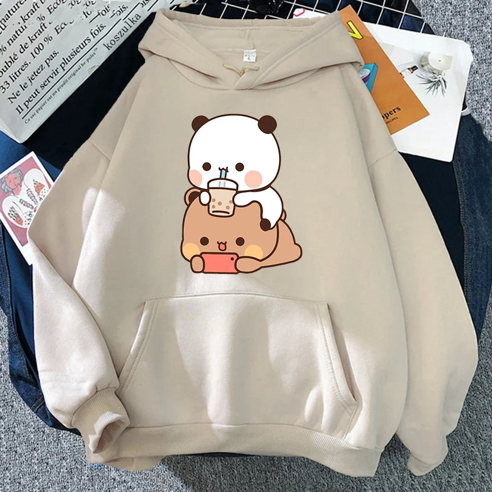 Bubu And Dudu Drink Bubble Tea Print Kawaii Female  Harajuku Loose Long Sleeve Plus Size Hooded Sweatshirt