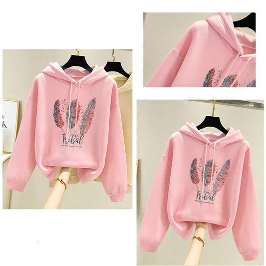 Women Fashion Feather Printed  Autumn Winter Plus Velvet Casual Loose hooded Sweatshirt