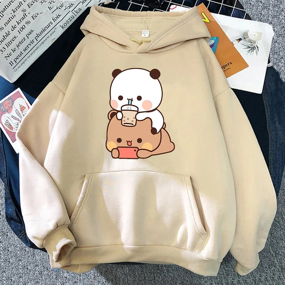 Bubu And Dudu Drink Bubble Tea Print Kawaii Female  Harajuku Loose Long Sleeve Plus Size Hooded Sweatshirt