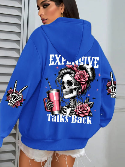 Expensive Talks Back Funny Printing Women's Plus Size   Pullovers Fleece Autumn  Casual Pocket Hoodie