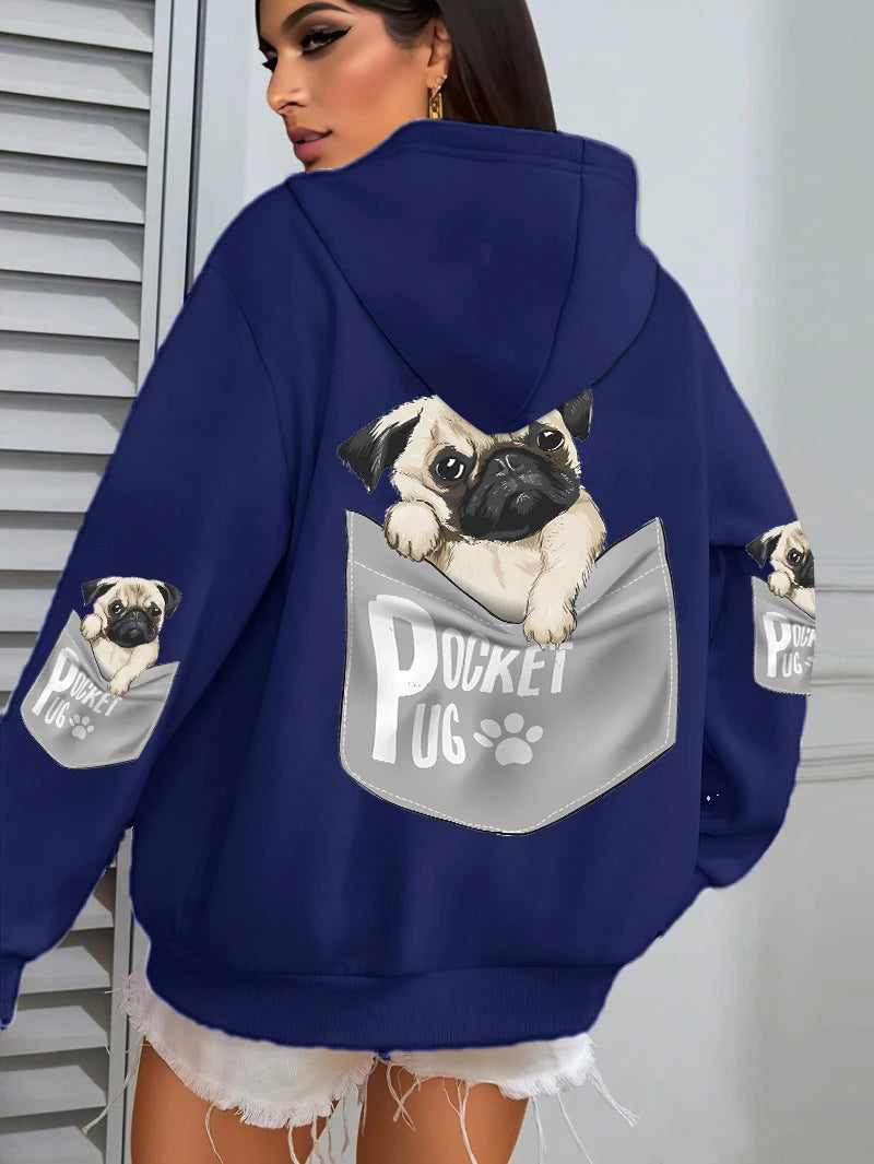 Women Cartoons dog Prints Hooded Loose Pockets Sweatshirt