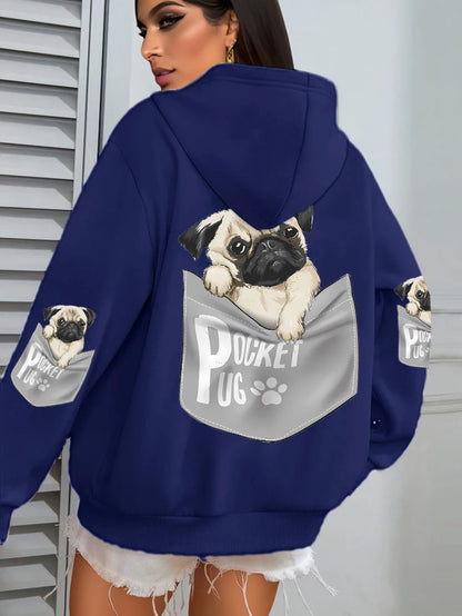Women Cartoons dog Prints Hooded Loose Pockets Sweatshirt
