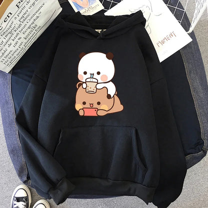 Bubu And Dudu Drink Bubble Tea Print Kawaii Female  Harajuku Loose Long Sleeve Plus Size Hooded Sweatshirt