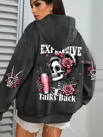 Expensive Talks Back Funny Printing Women's Plus Size   Pullovers Fleece Autumn  Casual Pocket Hoodie