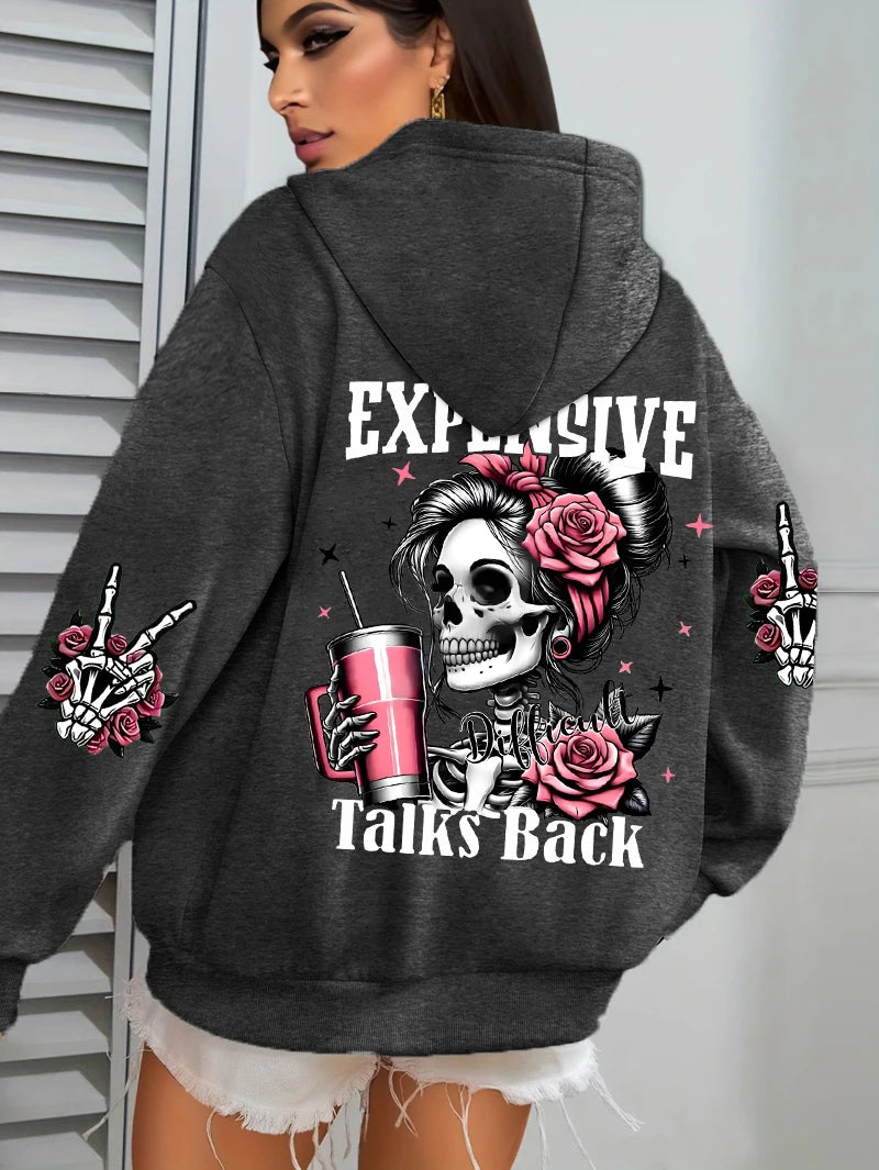 Expensive Talks Back Funny Printing Women's Plus Size   Pullovers Fleece Autumn  Casual Pocket Hoodie