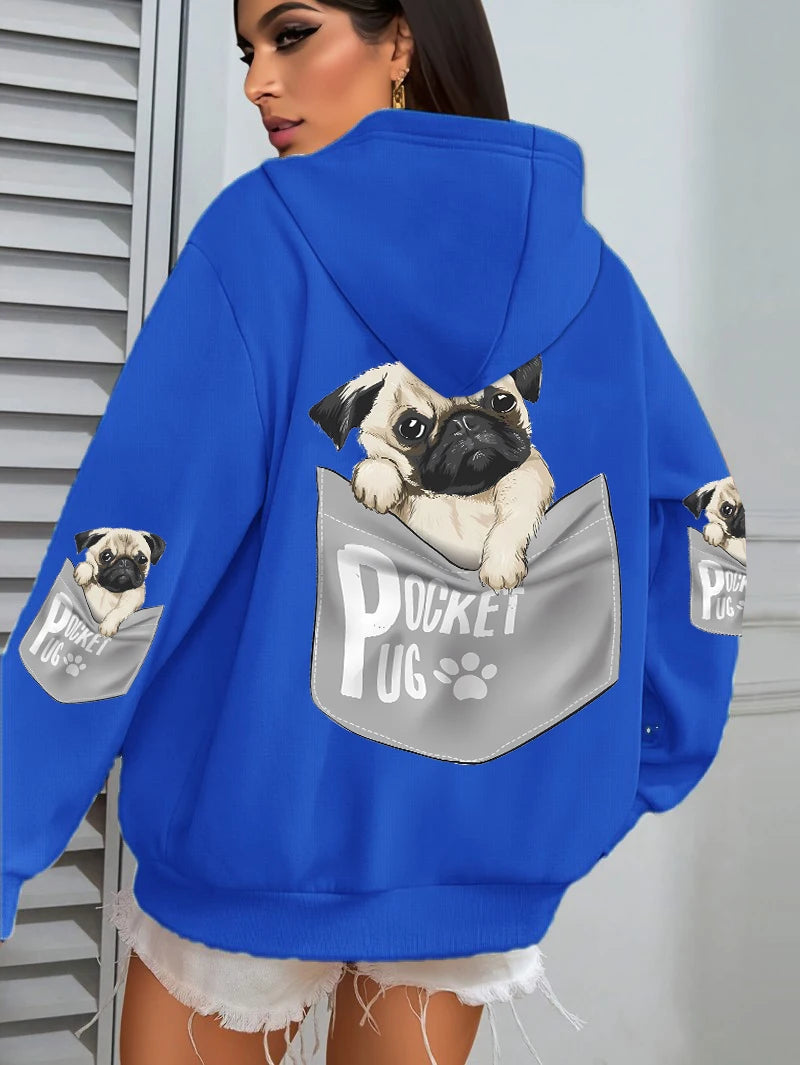 Women Cartoons dog Prints Hooded Loose Pockets Sweatshirt