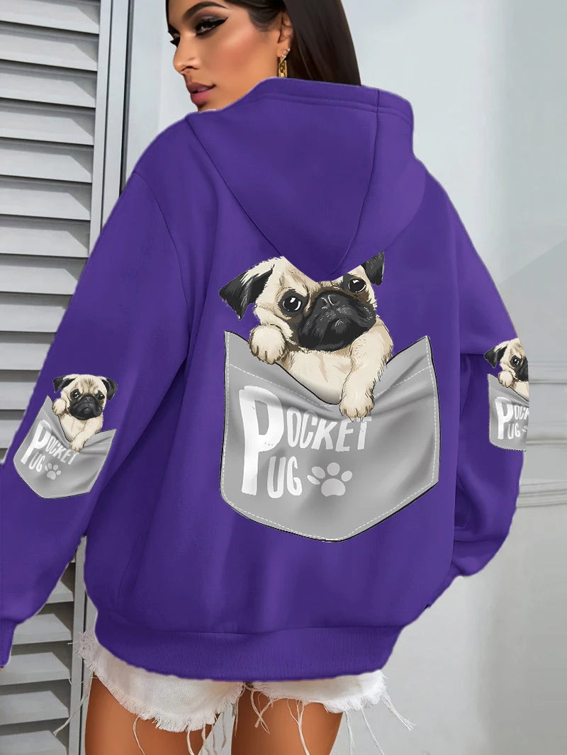 Women Cartoons dog Prints Hooded Loose Pockets Sweatshirt