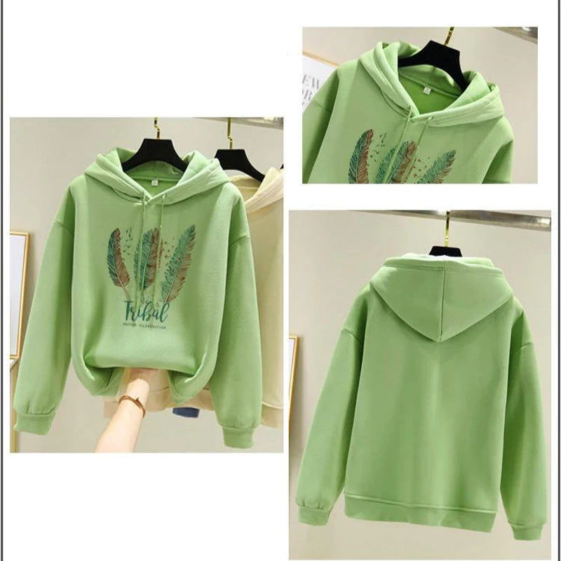 Women Fashion Feather Printed  Autumn Winter Plus Velvet Casual Loose hooded Sweatshirt