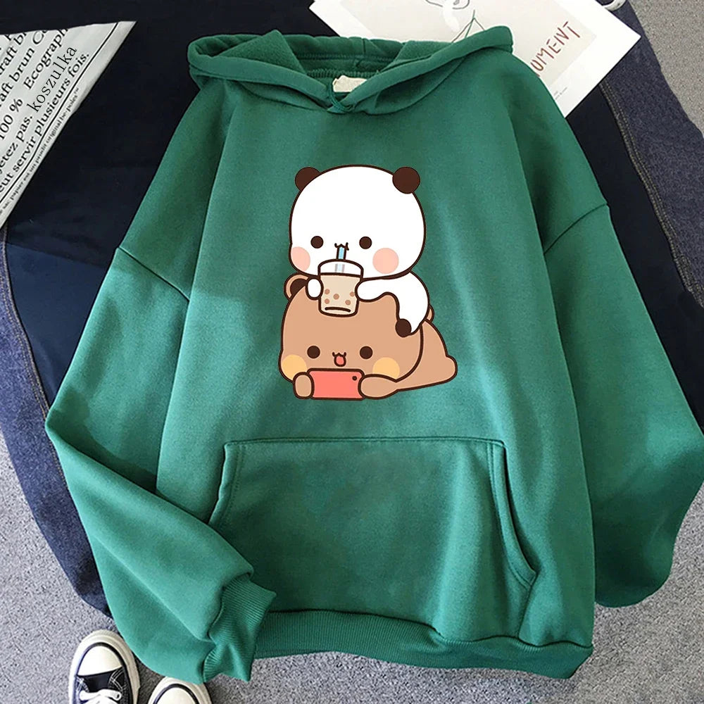 Bubu And Dudu Drink Bubble Tea Print Kawaii Female  Harajuku Loose Long Sleeve Plus Size Hooded Sweatshirt
