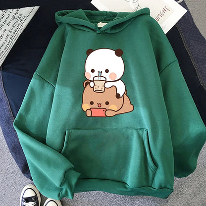 Bubu And Dudu Drink Bubble Tea Print Kawaii Female  Harajuku Loose Long Sleeve Plus Size Hooded Sweatshirt
