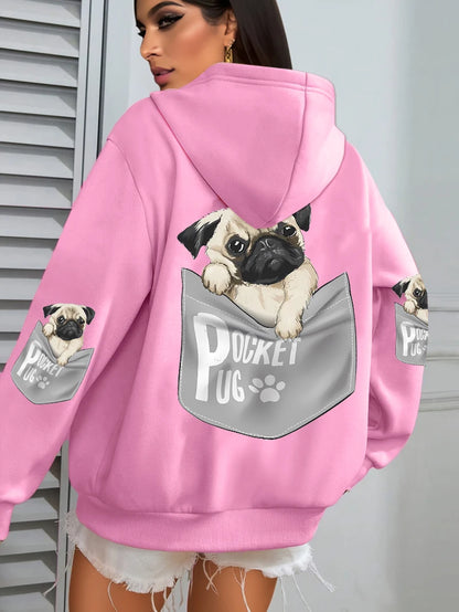 Women Cartoons dog Prints Hooded Loose Pockets Sweatshirt