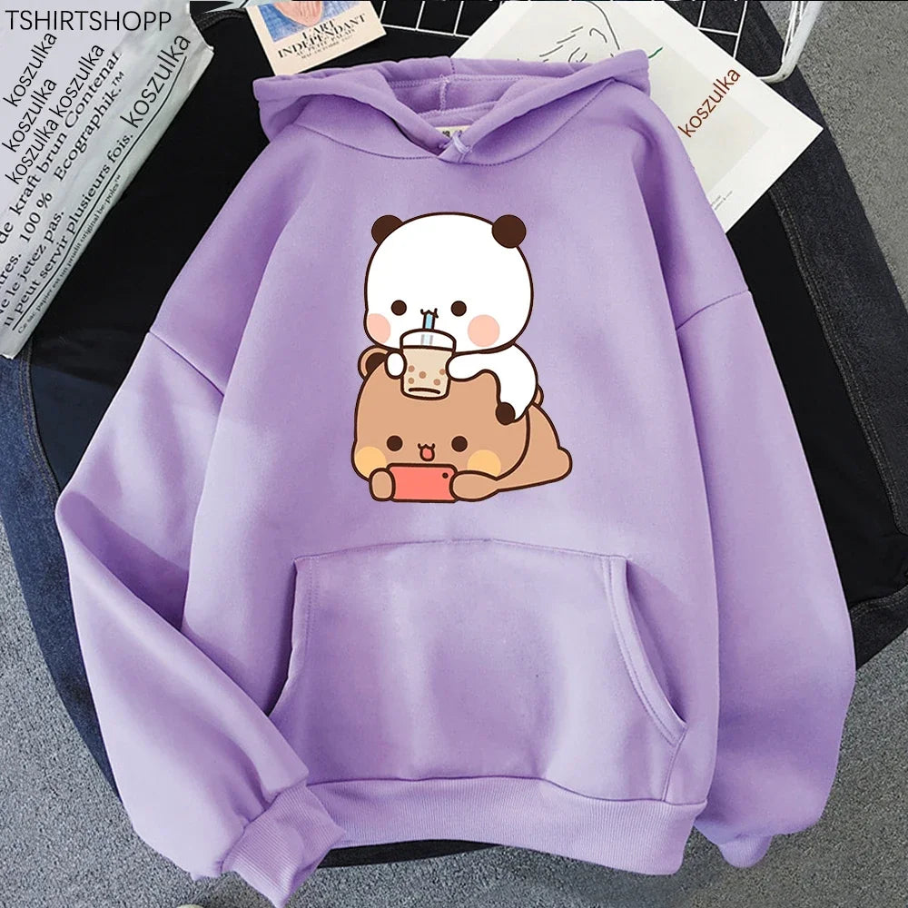 Bubu And Dudu Drink Bubble Tea Print Kawaii Female  Harajuku Loose Long Sleeve Plus Size Hooded Sweatshirt