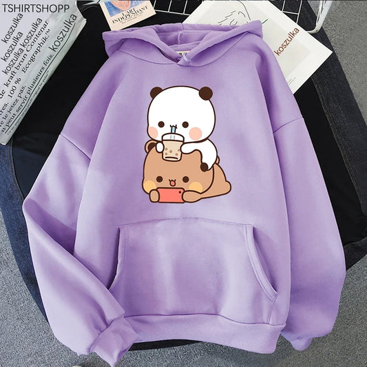 Bubu And Dudu Drink Bubble Tea Print Kawaii Female  Harajuku Loose Long Sleeve Plus Size Hooded Sweatshirt