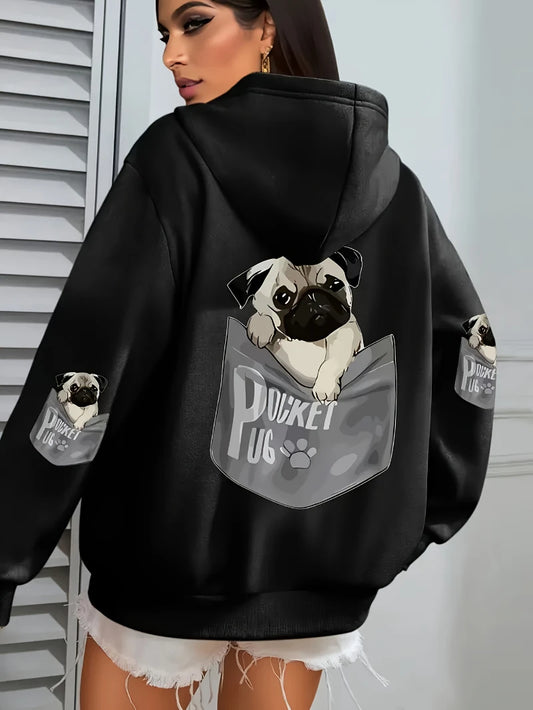 Women Cartoons dog Prints Hooded Loose Pockets Sweatshirt